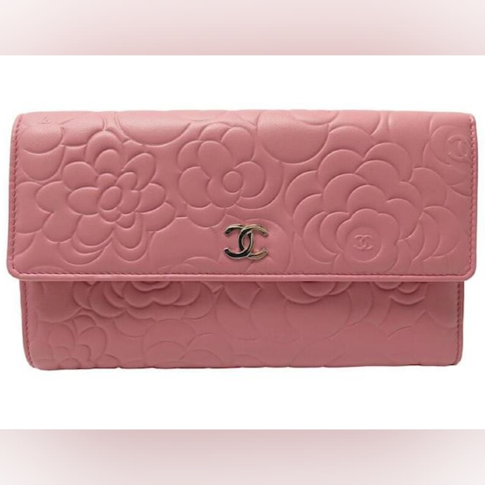 CHANEL CAMELIA LONG LEATHER PINK WALLET COIN CARD WALLET